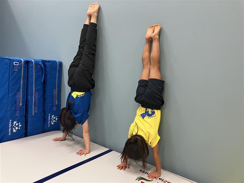 お腹を壁に向ける方向で、2人並んで壁倒立をする体操教室の生徒の様子